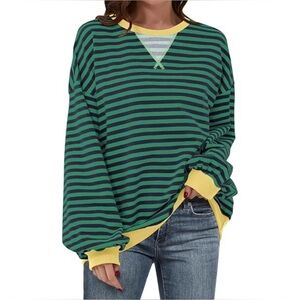 Striped Green and Black Sweatshirt with Yellow Accents XXL Oversized Loose Fit